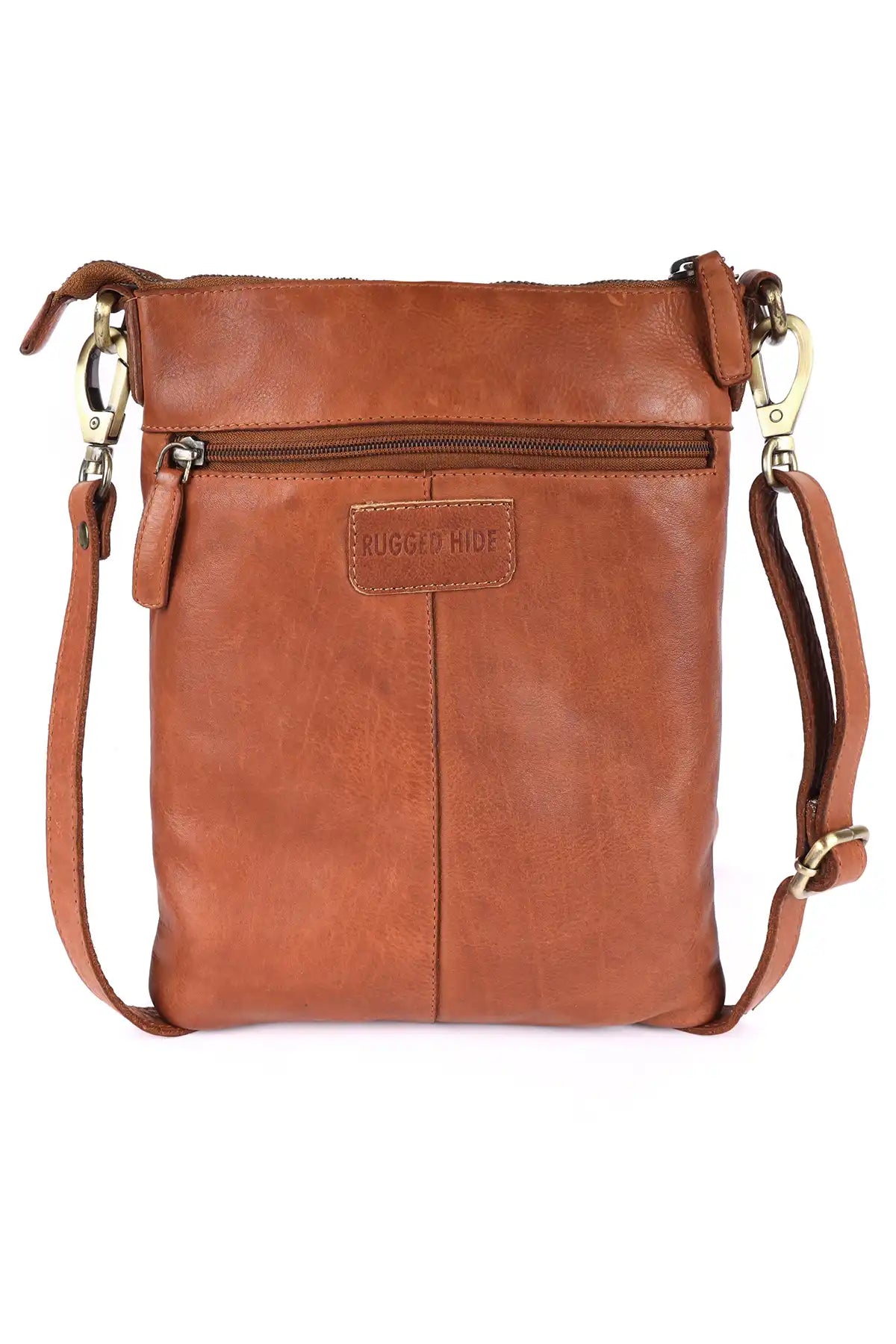 Rugged Hide cognac leather crossbody bag with gold accents on a white background