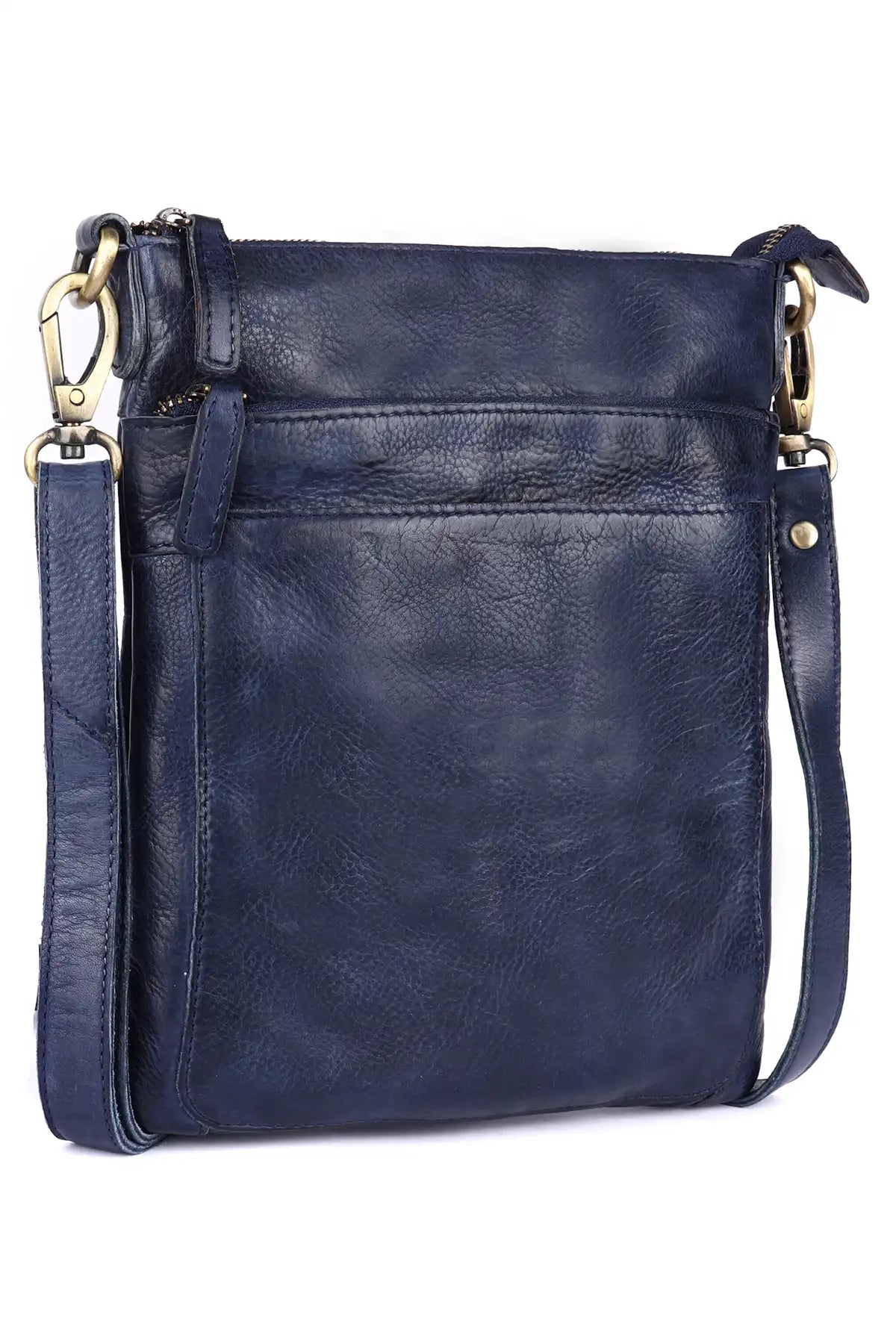 Blue leather crossbody bag with gold hardware on a white background