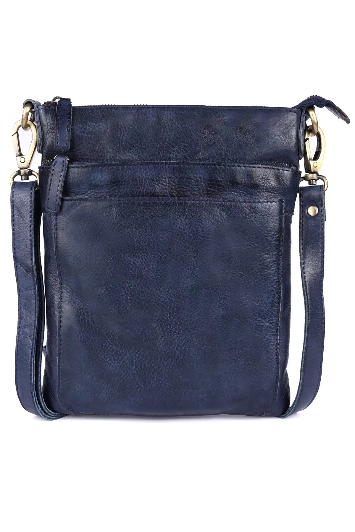 Navy blue leather crossbody bag with gold hardware on a white background