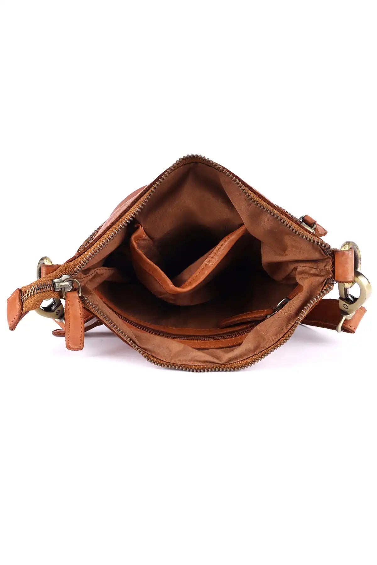 Cognac leather crossbody bag on a white background inside view