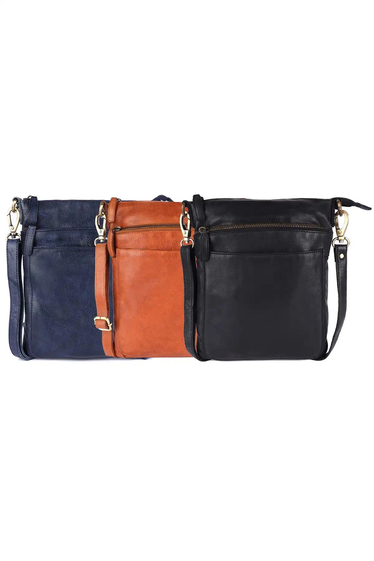 colour range of leather handbags with a strap on a white background