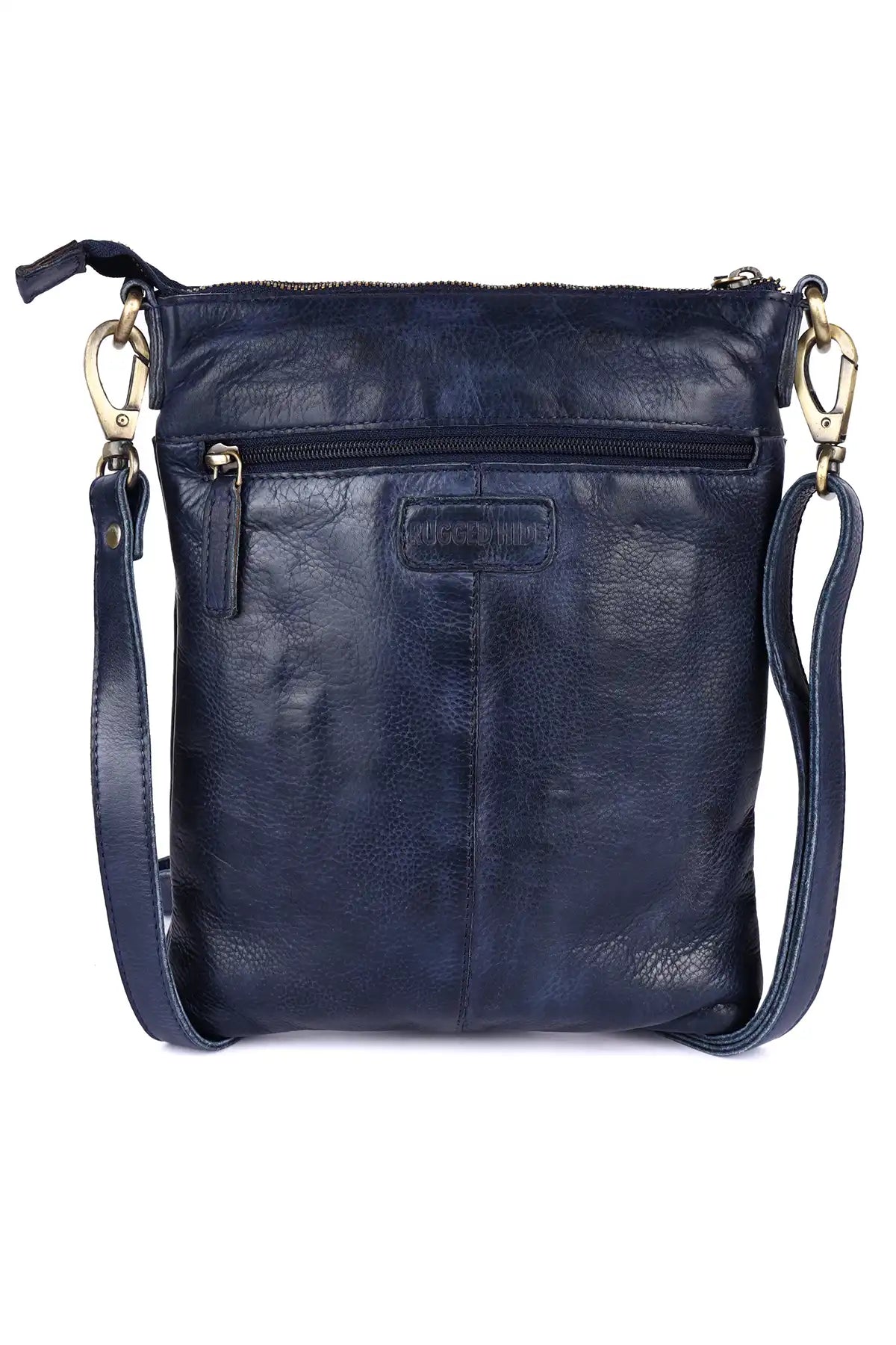 Navy blue leather rugged hide crossbody bag with gold hardware on a white background front