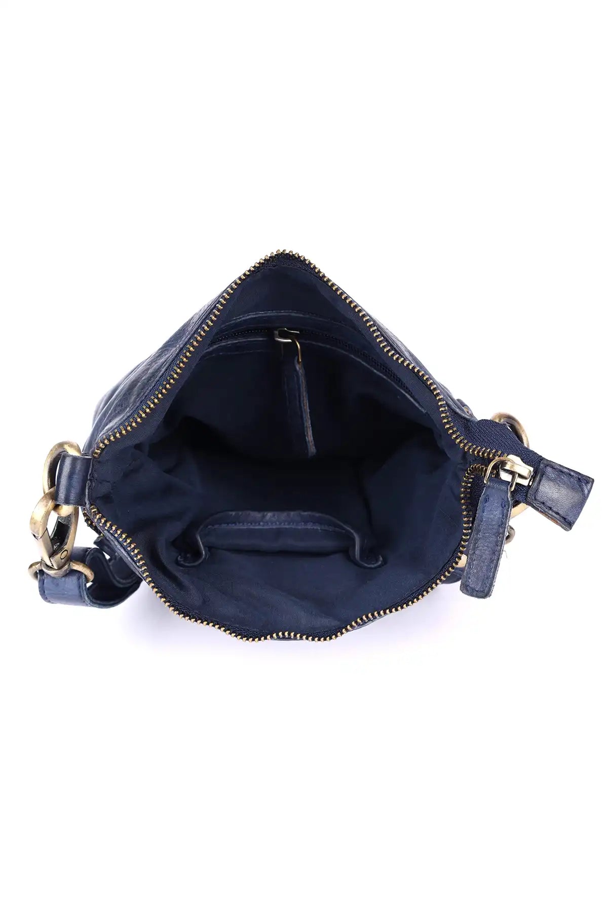 Navy blue leather bag with gold zipper on a white background