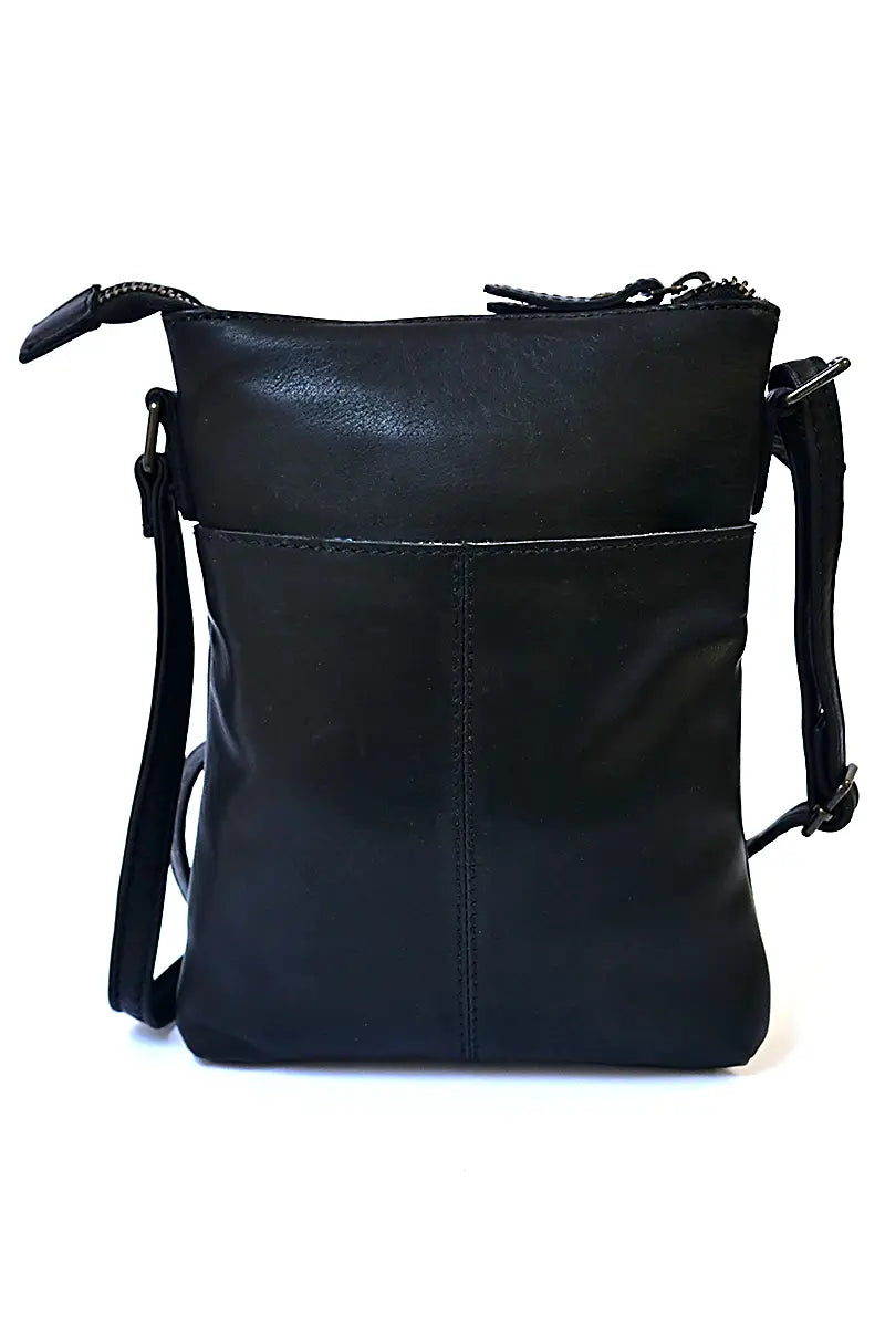 back side view of the Rugged Hide Leather Bag - Freya Cross body in Black