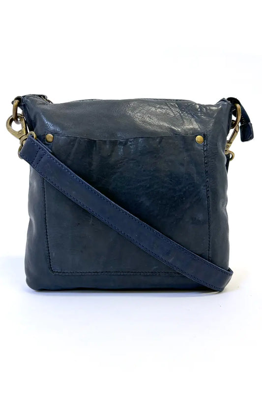 Rugged Hide Jackie Cross Body Bag in Navy showing front external pocket and shoulder strap