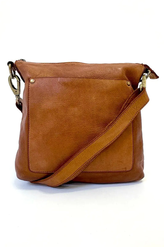 Rugged Hide Jackie Cross body bag in Tan showing front pocket and shoulder strap