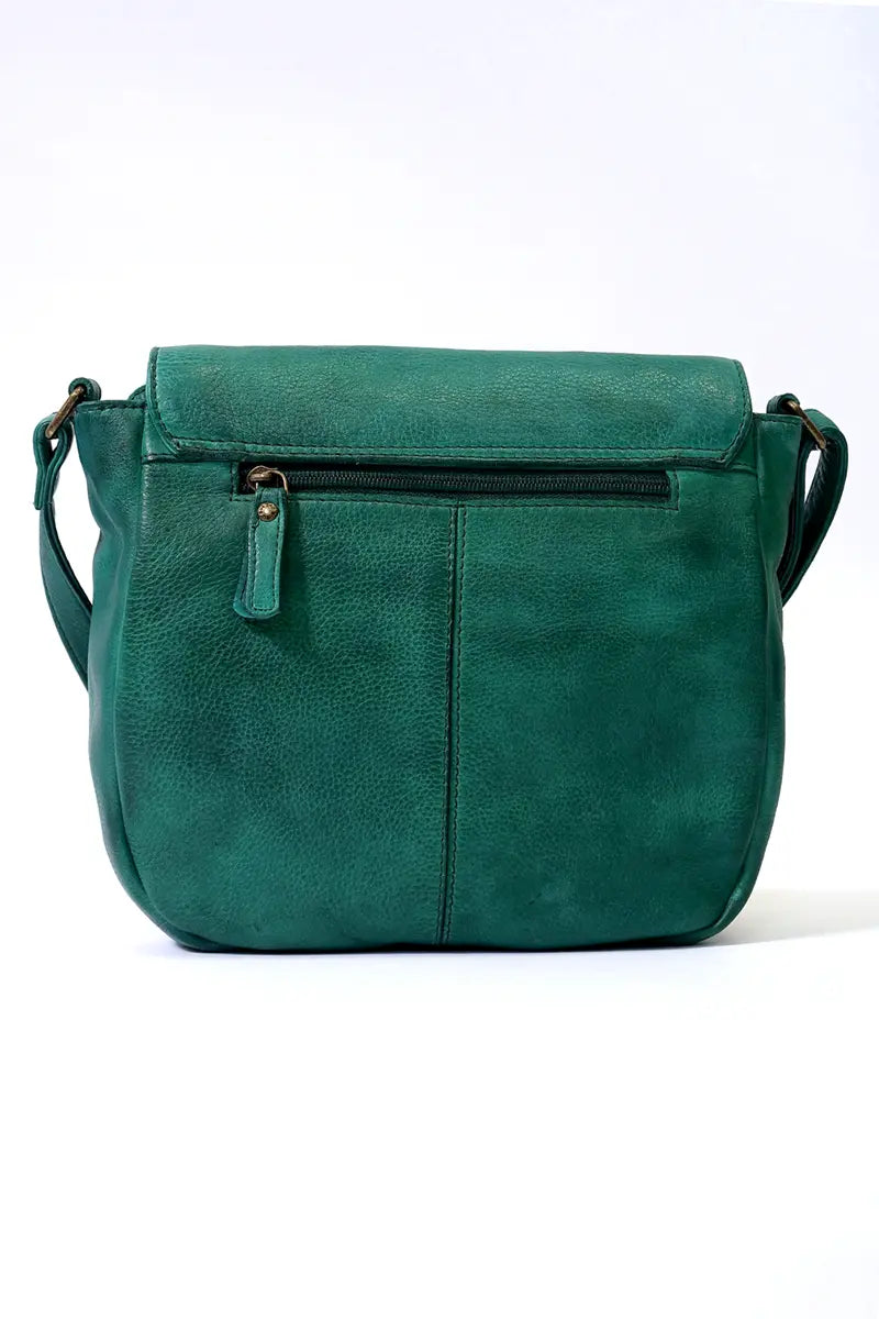 Rugged Hide Jessica Cross Body Bag in Pine Green back view showing external zip pocket
