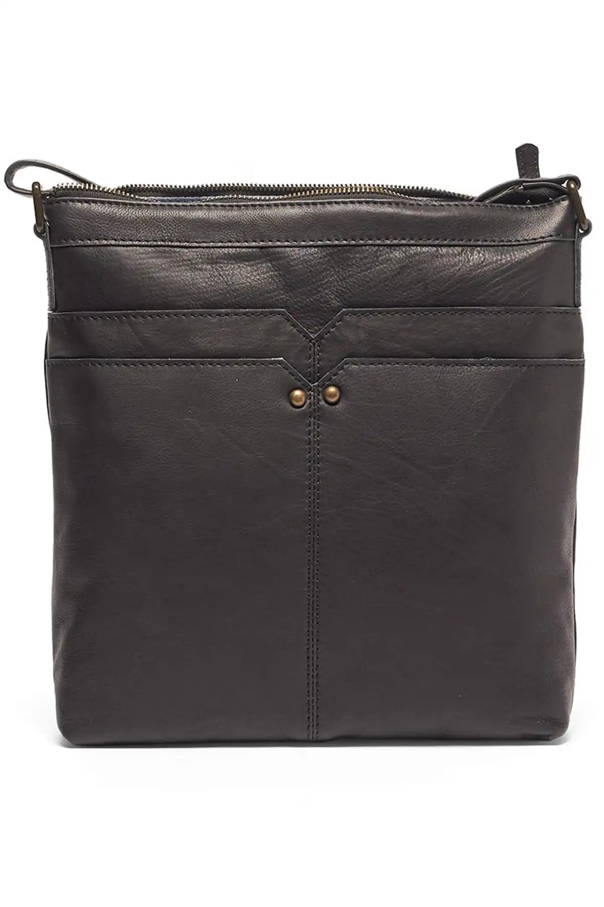 Black leather crossbody bag on a white background
