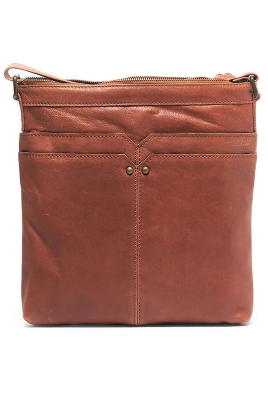 Brown leather crossbody bag on a white background