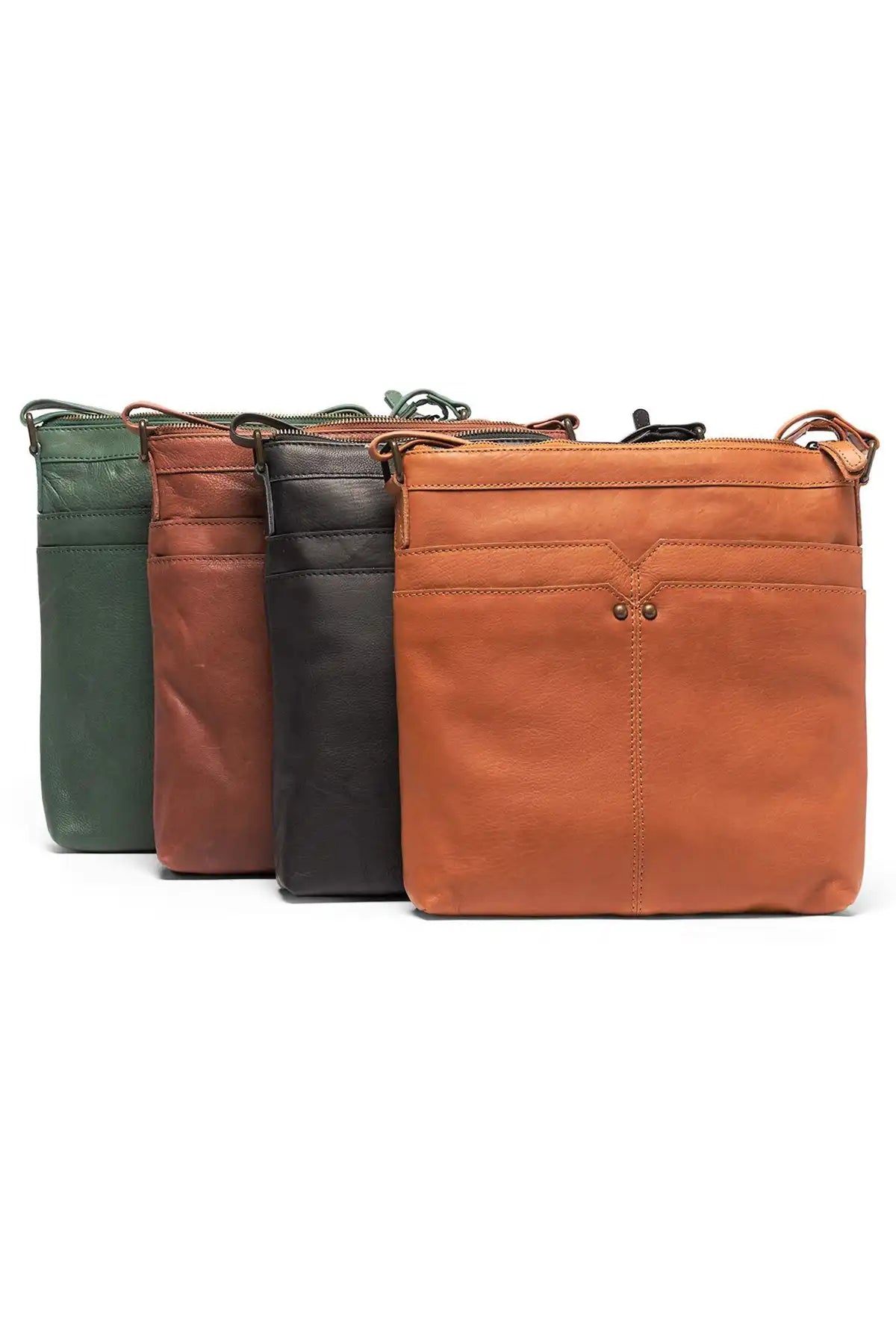 Four leather bags in green, brown, black, and tan on a white background