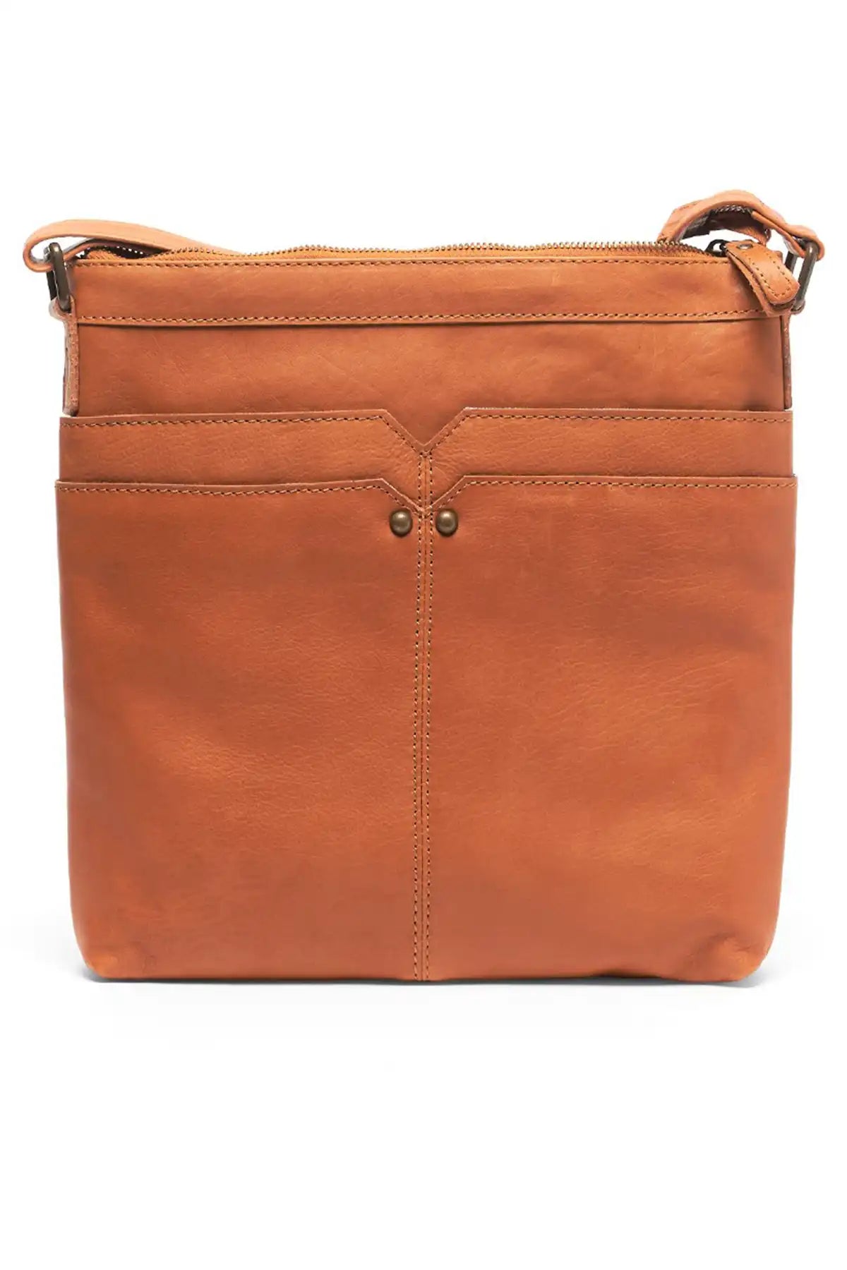 Tan leather crossbody bag on a white background