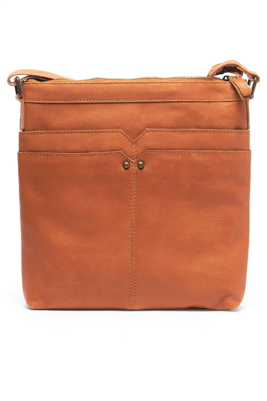 Tan leather crossbody bag on a white background