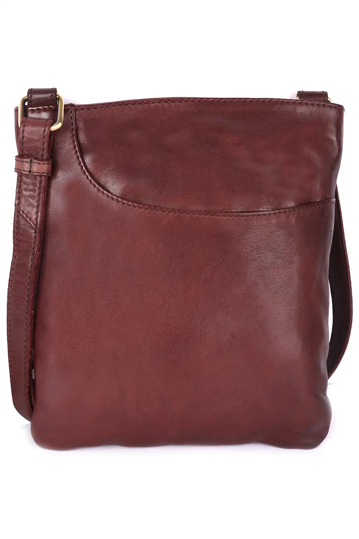 Brown leather Leeds crossbody bag on a white background front