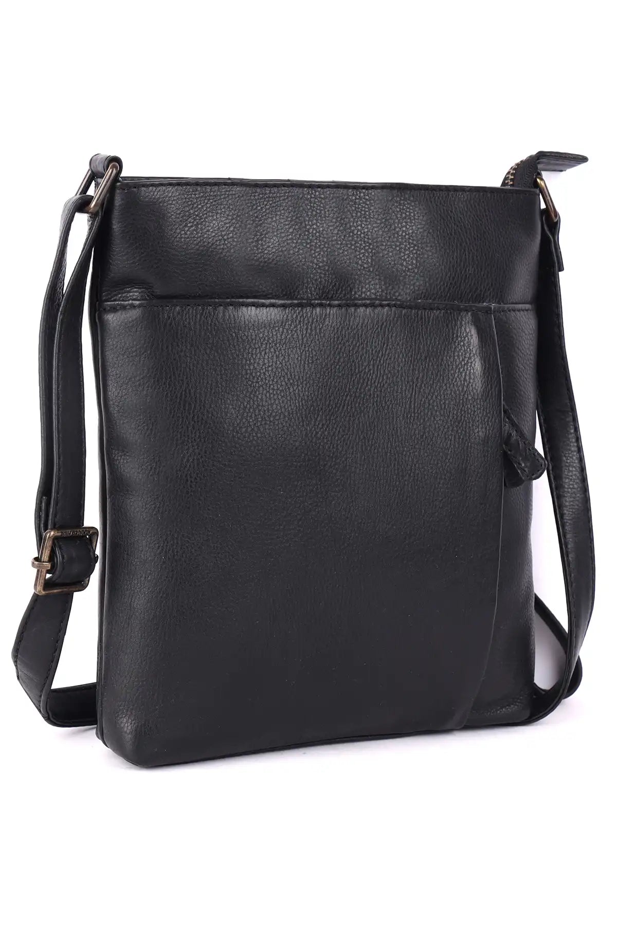 Black leather crossbody bag on a white background side view