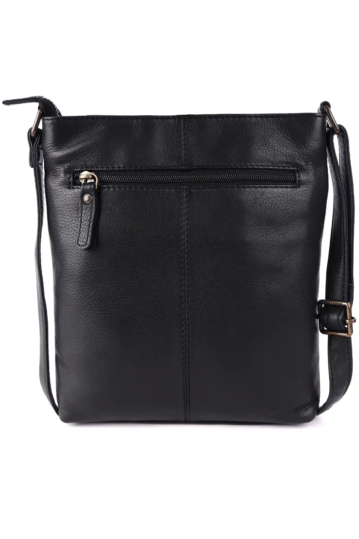 Black leather crossbody bag on a white background back view