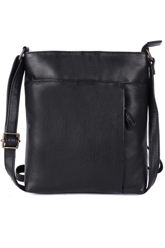 Black leather crossbody bag on a white background front view