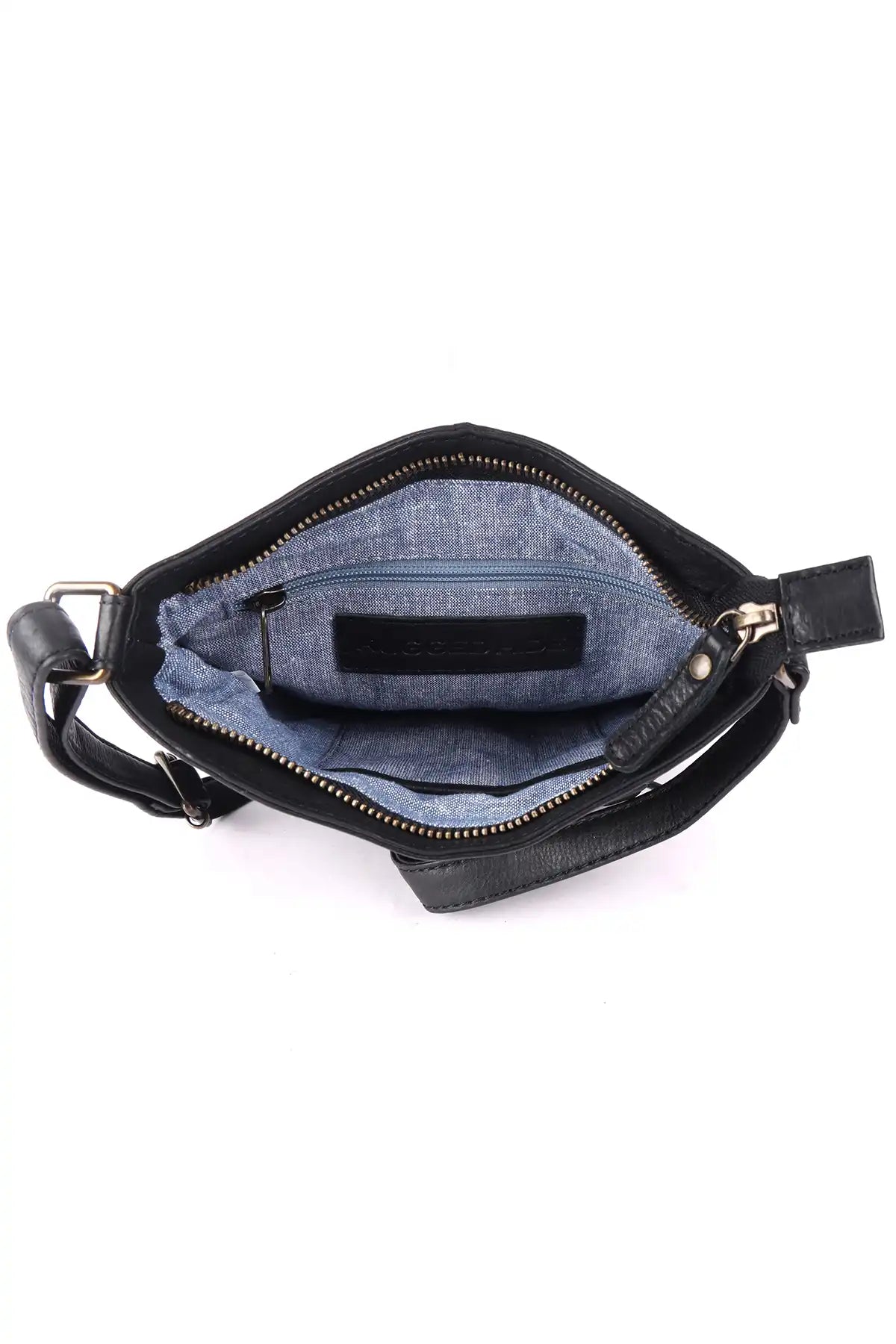 Black handbag with blue interior on a white background