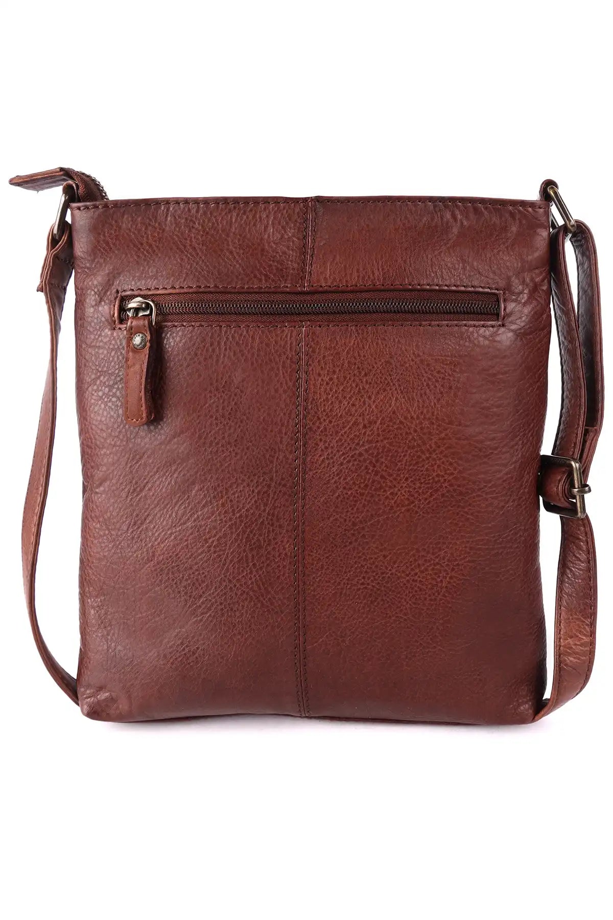 Brown leather crossbody bag on a white background back