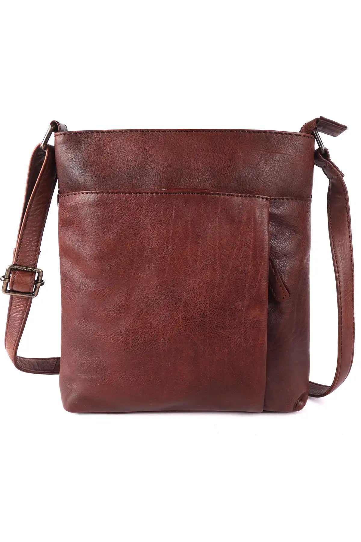 Brown leather crossbody bag on a white background front