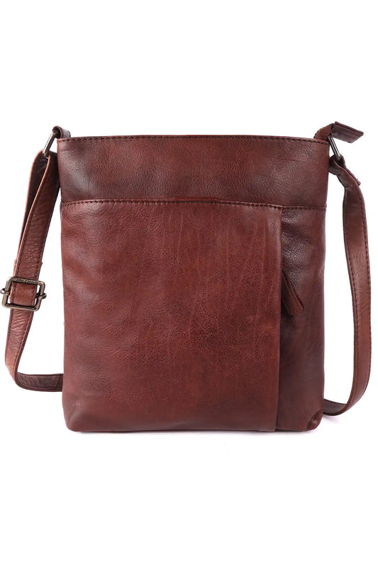 Brown leather crossbody bag on a white background front