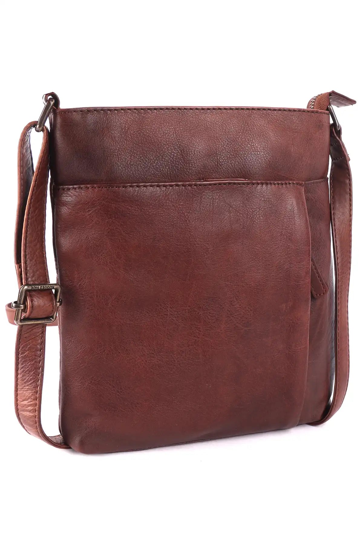 Brown leather crossbody bag on a white background side view