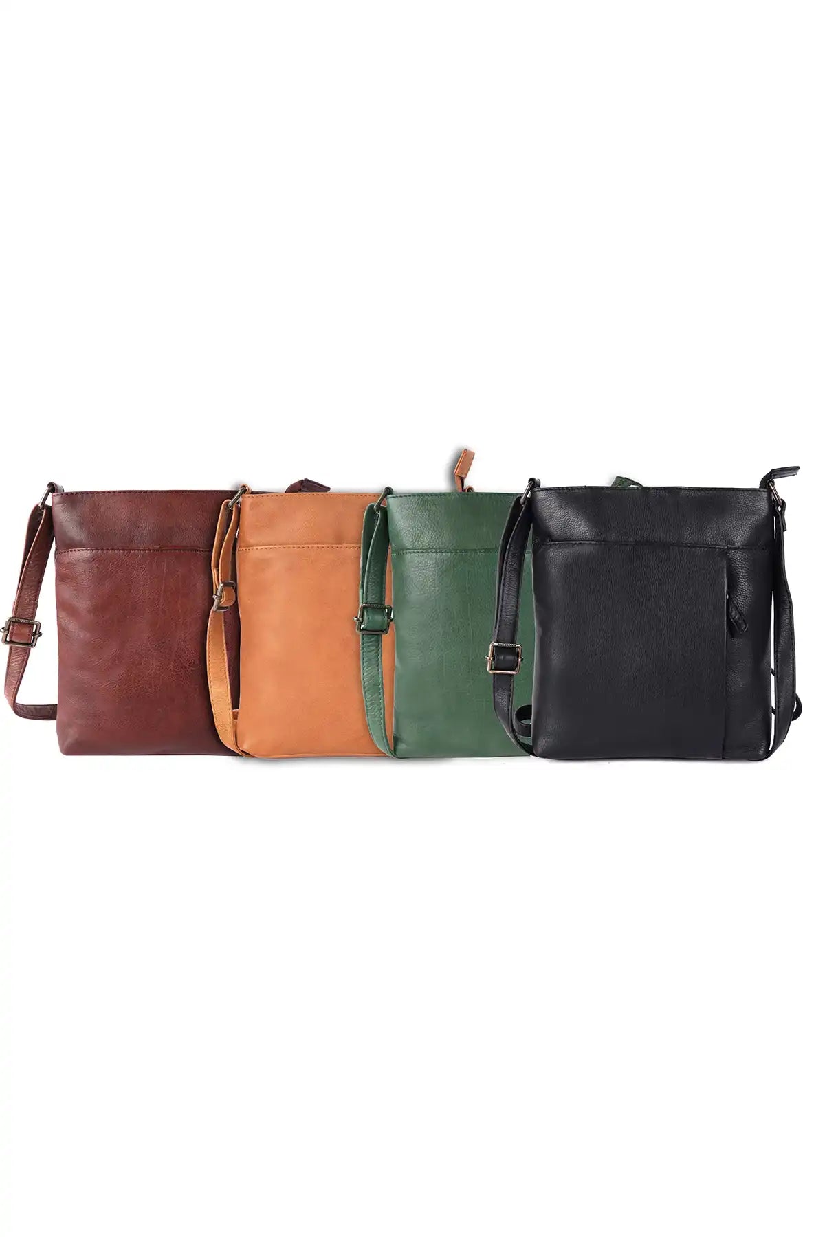 Four leather bags in brown, tan , pine green, and black on a white background