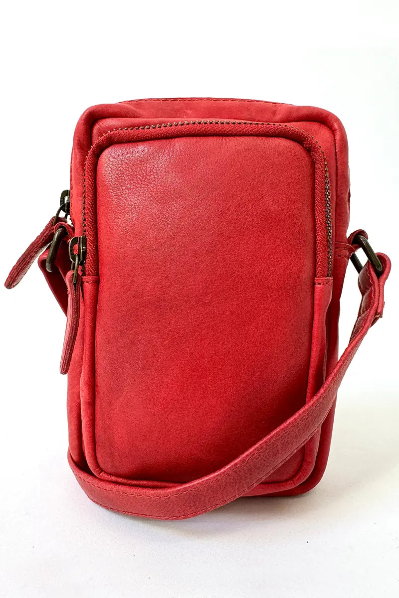 front view of Rugged Hide Leather Bag - Small Sling Hailey Red showing external zip pocket and shoulder strap