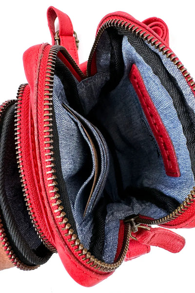 top view showing compartments and card slots etc inside the Rugged Hide Leather Bag - Small Sling Hailey Red