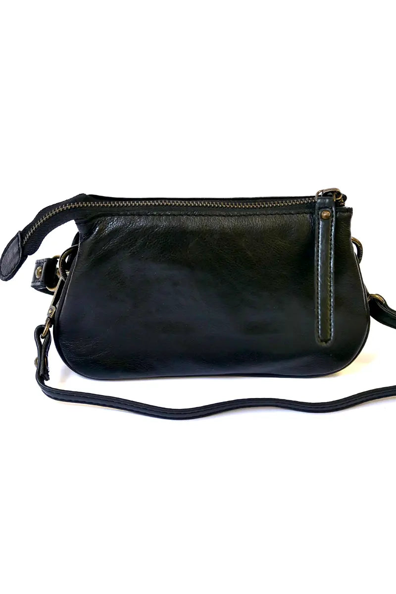 Rugged Hide St Kilda Clutch Wallet in Black with shoulder strap attached