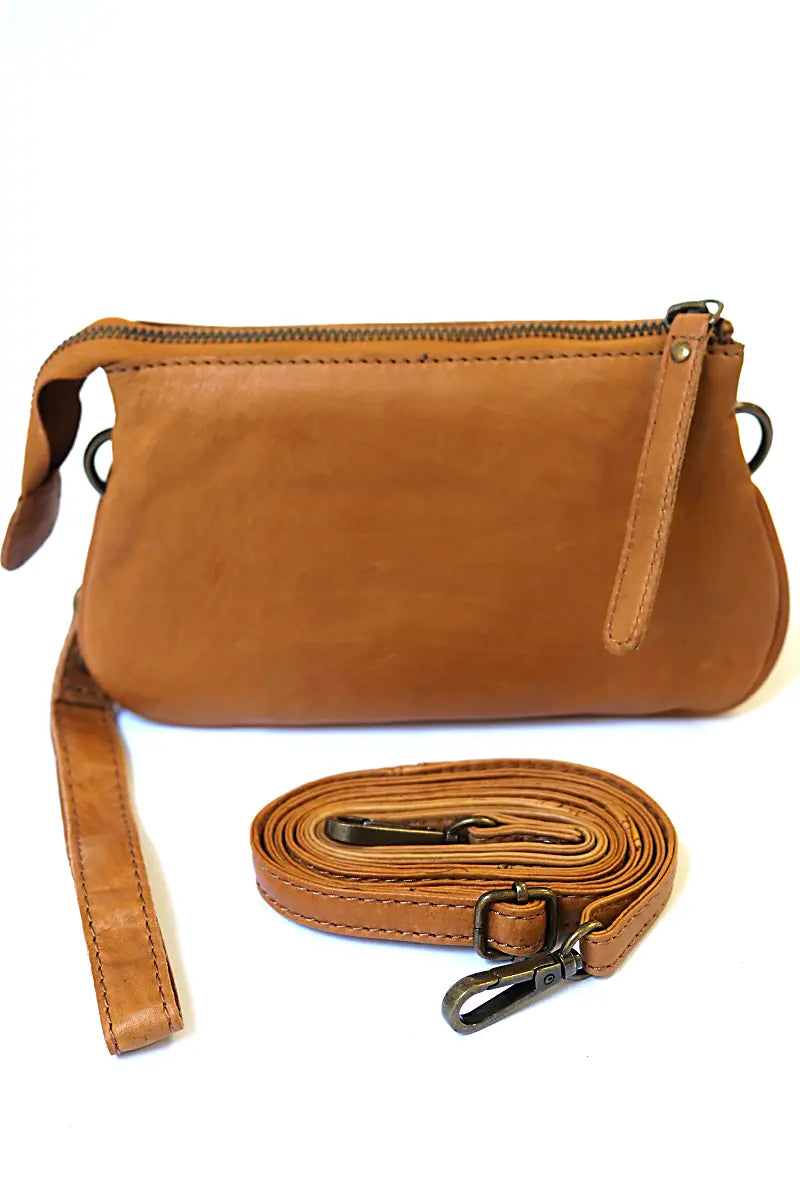 Rugged Hide St Kilda Clutch Wallet in Tan with shoulder strap detached