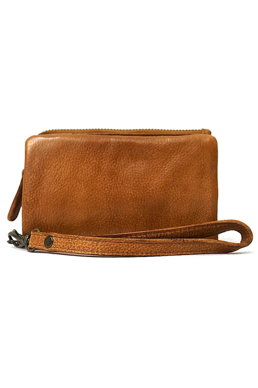 side view of the Rugged Hide Wallet Mandy Midi in tan