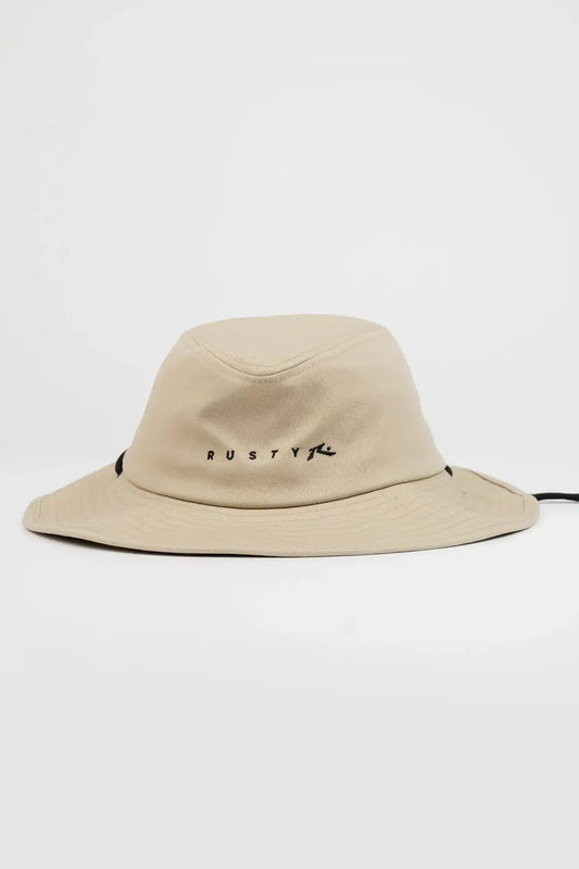 Rusty Bradman Wide Brim Hat — Abbey Stone with 'Rusty' branding on a white background