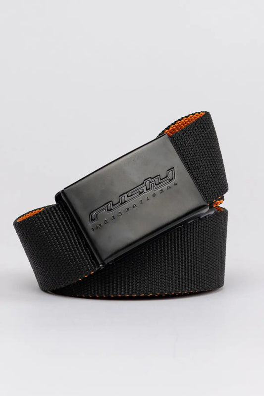 Rusty Bright Side Reversible Webbing Belt with orange accents and a visible brand logo on a light gray background