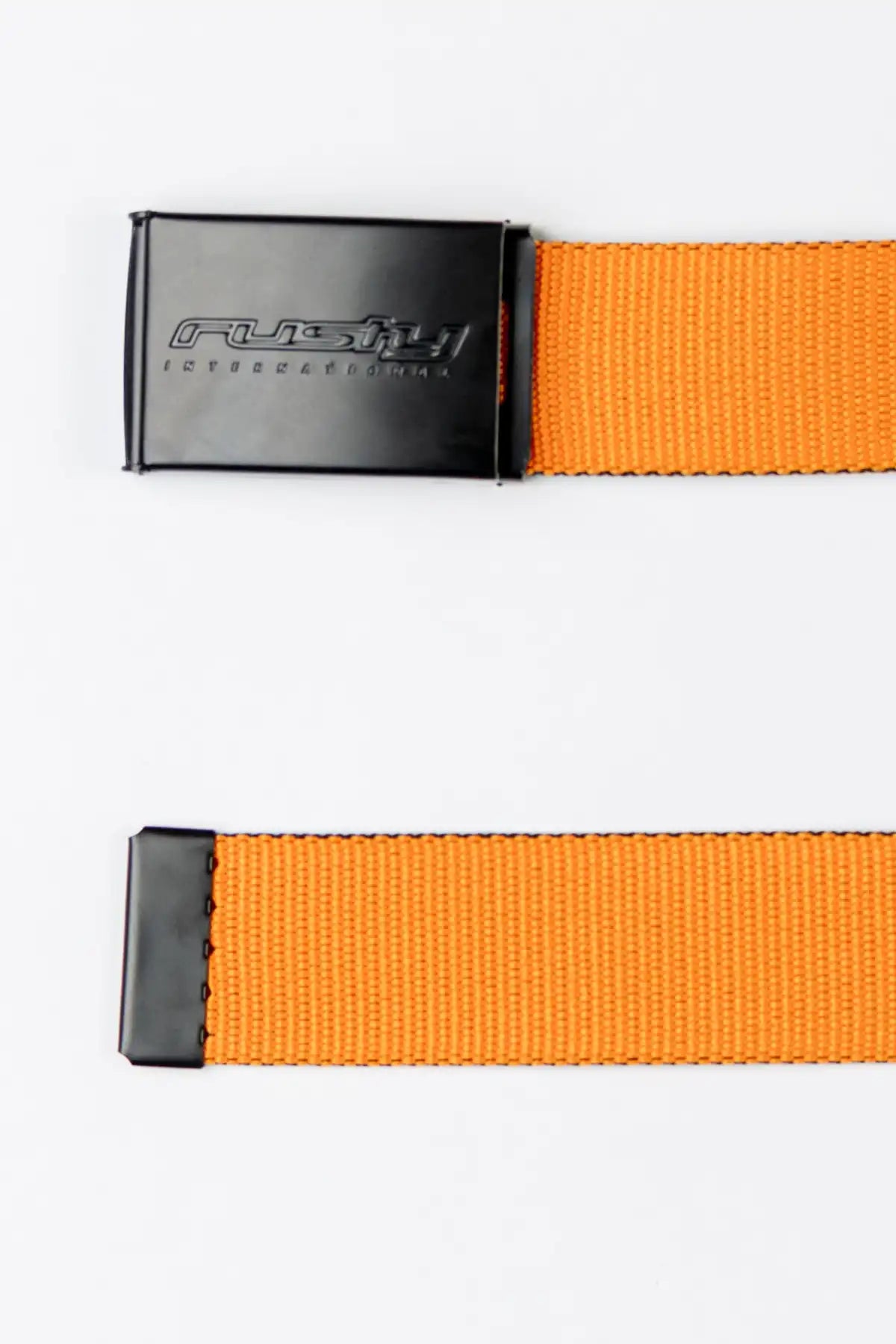 Rusty Bright Side Reversible Webbing Belt Orange side with black buckle on a white background