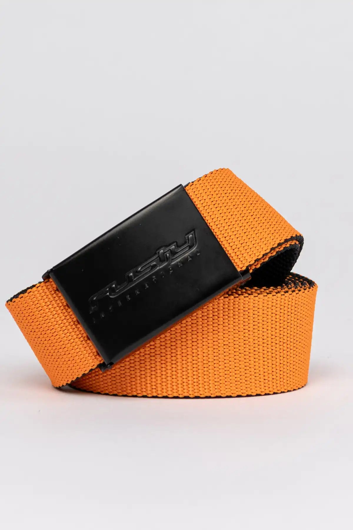 Rusty Bright Side Reversible Webbing Belt showing Orange side with a black buckle on a light gray background