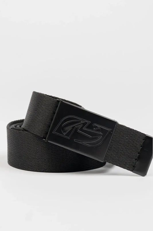 Rusty Jagged Webbing Belt — Black coiled up on white background
