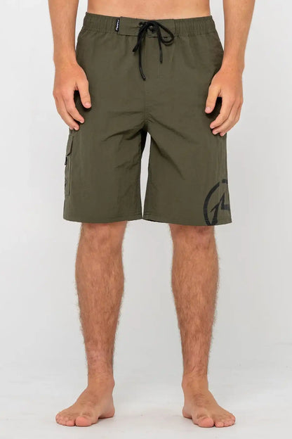 man wearing Rusty Mens BoardShort Peek Show Hybrid Waist in Army Green on white background front view
