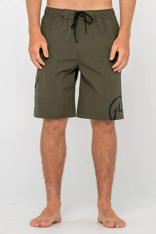 man wearing Rusty Mens BoardShort Peek Show Hybrid Waist in Army Green on white background front view