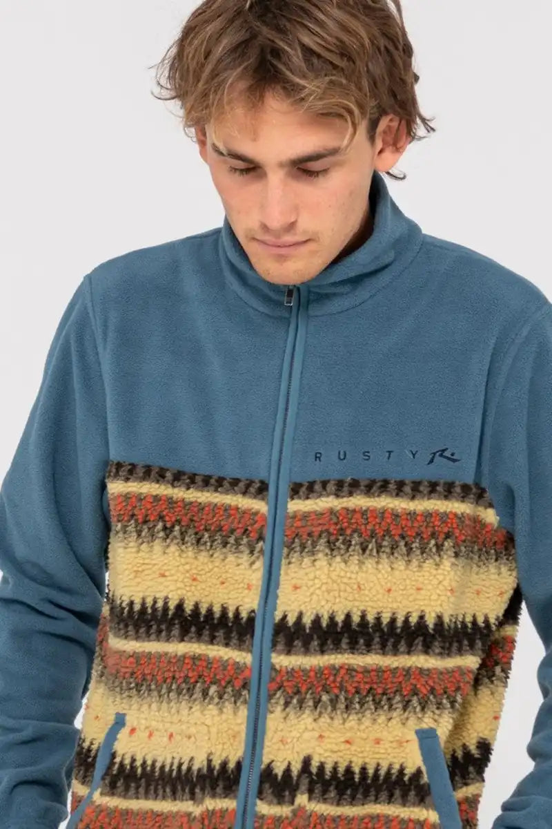 Rusty Men's Fleece Shag Paneled Full Zip in China Blue front detailed view