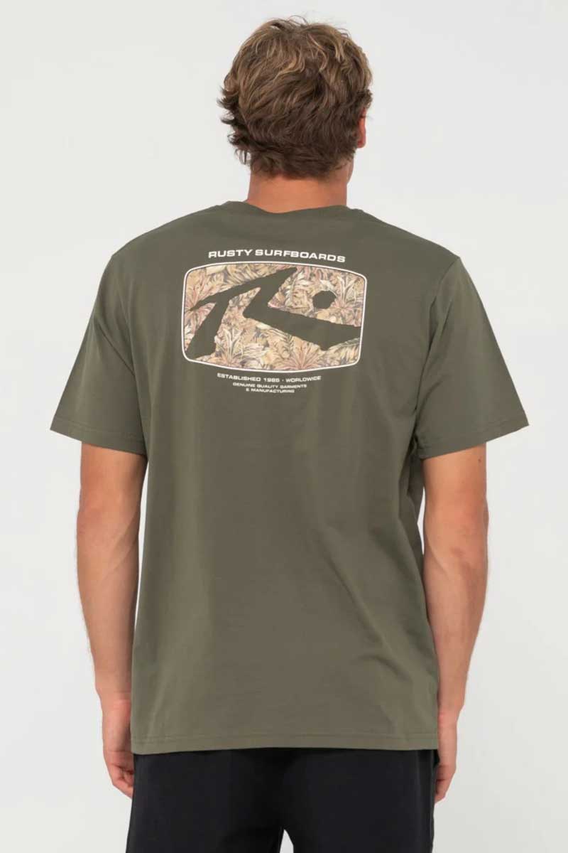 Rusty Mens S/S Tee Advocate in Rifle Green back view