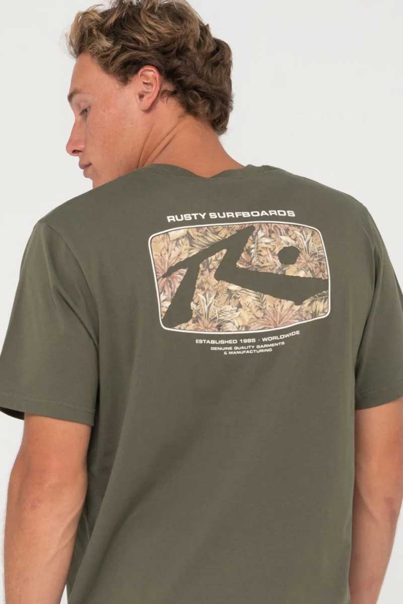 close up view of the back graphic print on the Rusty Mens S/S Tee Advocate in Rifle Green