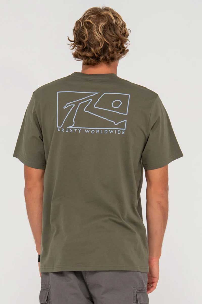 Rusty Mens Tee Boxed Out Short Sleeve in Rifle Green Back