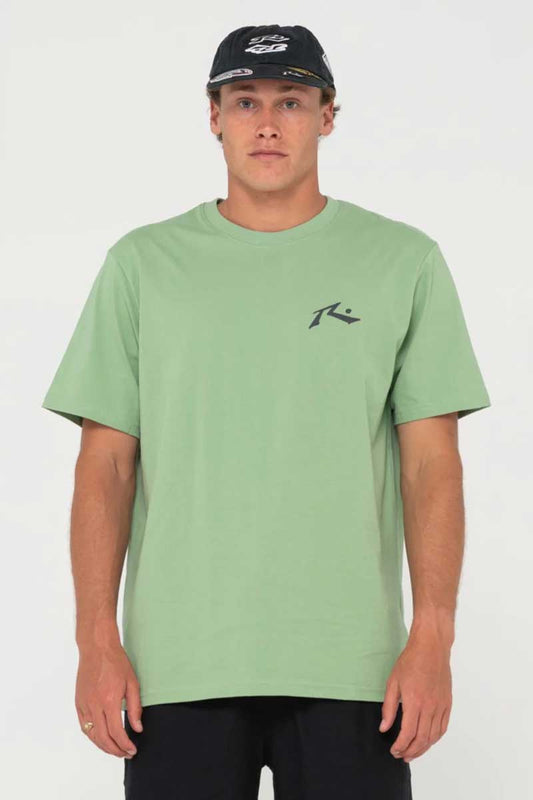 Rusty Mens Tee One Hit Competition Short Sleeve in Army Green front