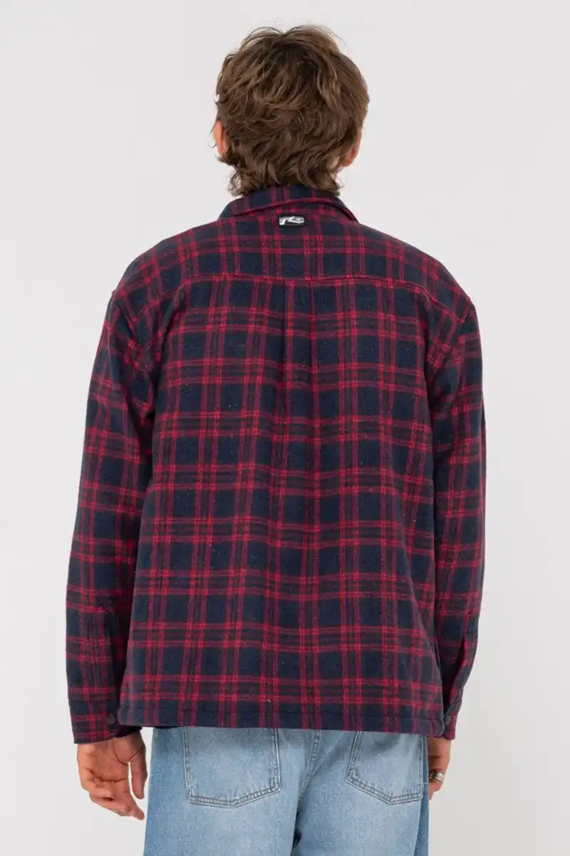 Rusty Men's Woodchuck Jacket in Woven Plaid Rio Red back view