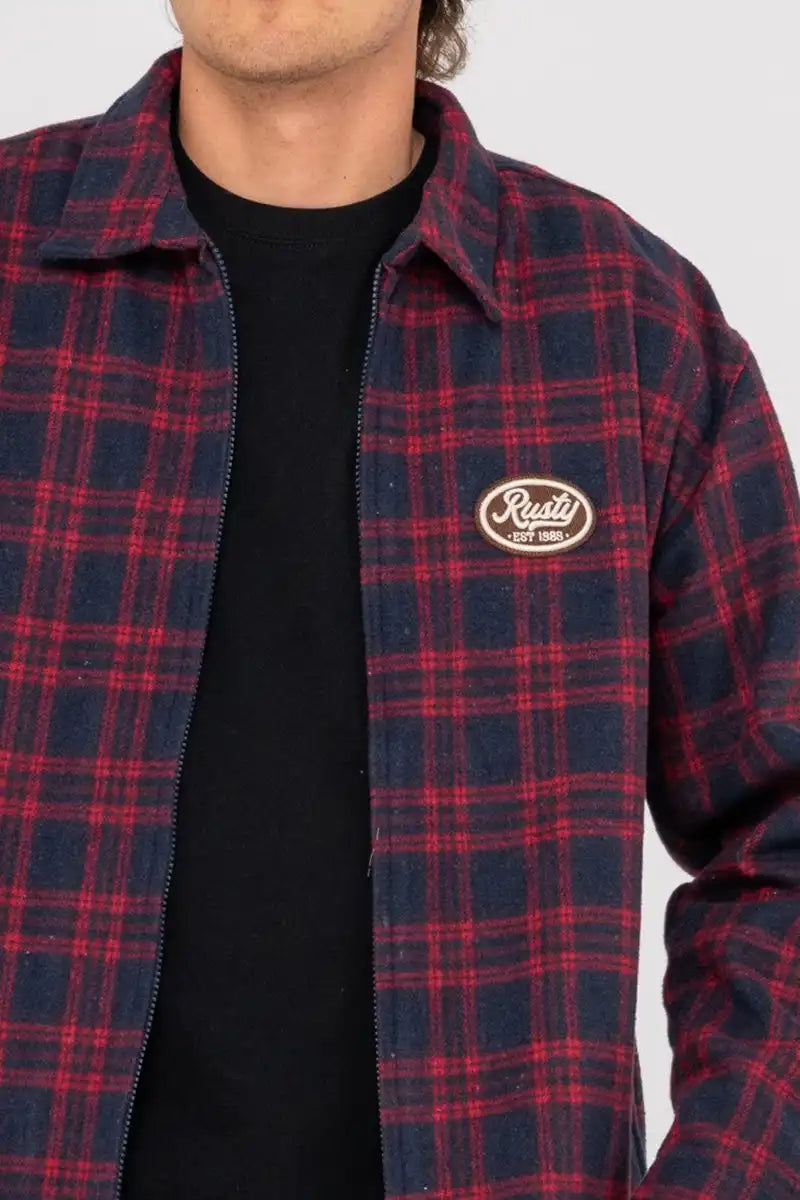 Rusty Men's Woodchuck Jacket in Woven Plaid Rio Red front detailed view