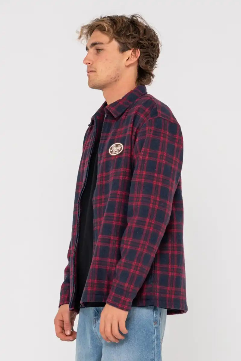 Rusty Men's Woodchuck Jacket in Woven Plaid Rio Red side view