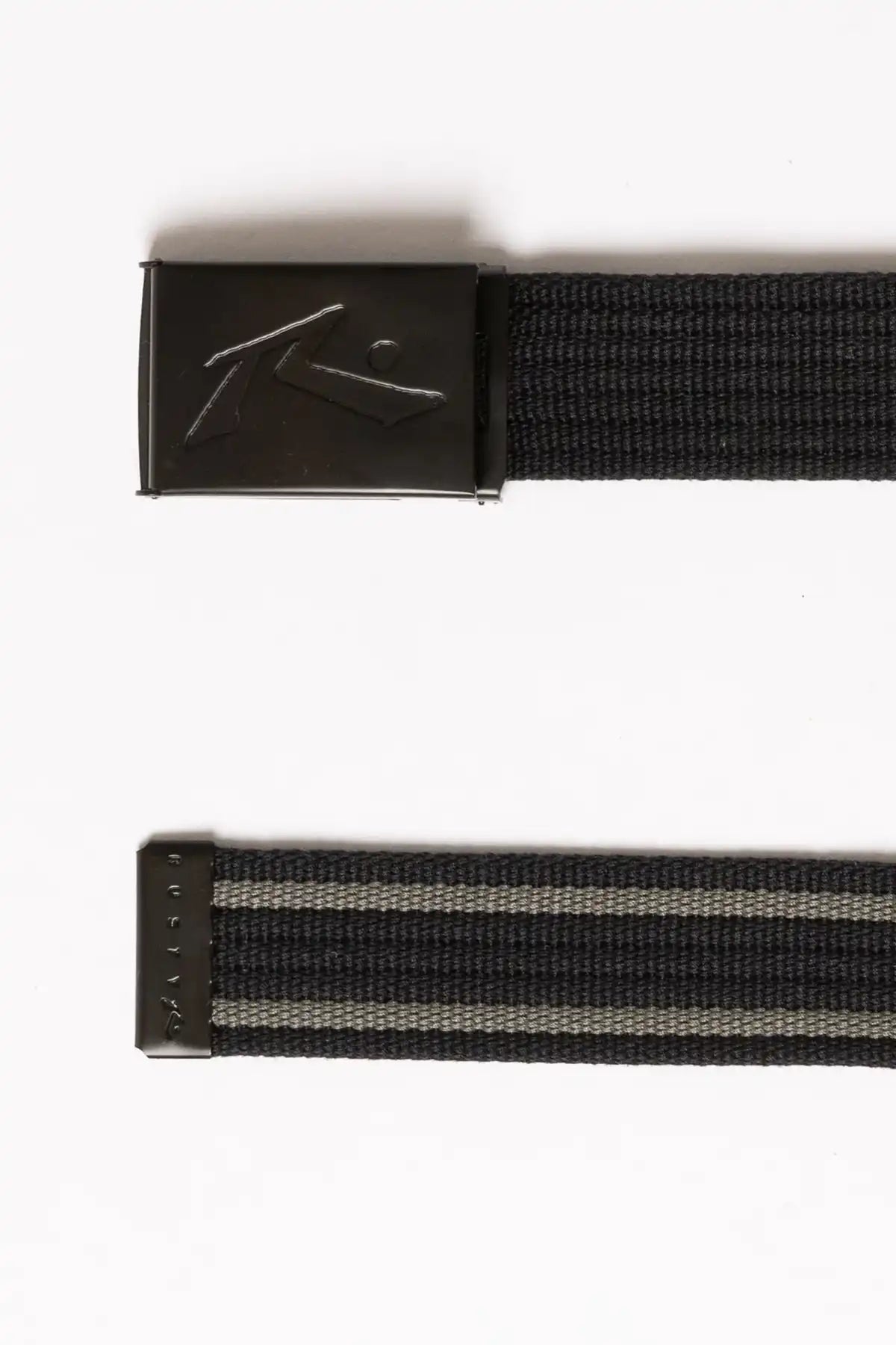 Rusty Ridgemont Reversible Webbing Belt — Black on white background showing both ends