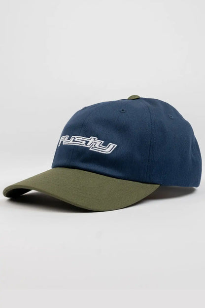 Rusty Rusty Road Trip Dad Cap in Navy Blue with a logo on a white background
