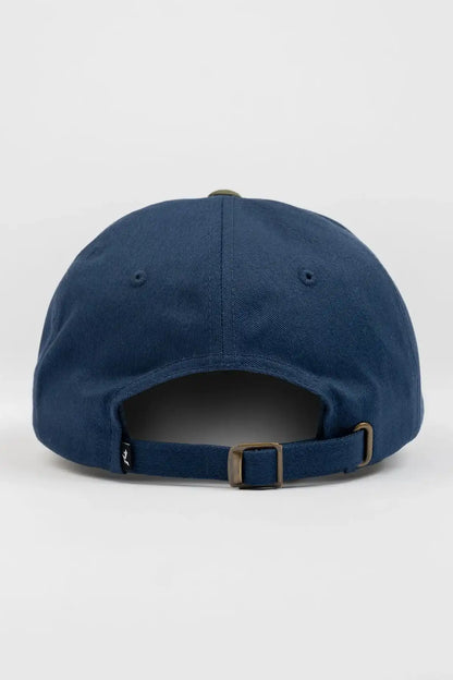 Rusty Rusty Road Trip Dad Cap in Navy Blue back view showing closure buckle on a white background