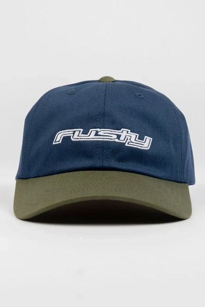 Two-toned blue and green Rusty Rusty Road Trip Dad cap with 'Rusty' logo on a white background